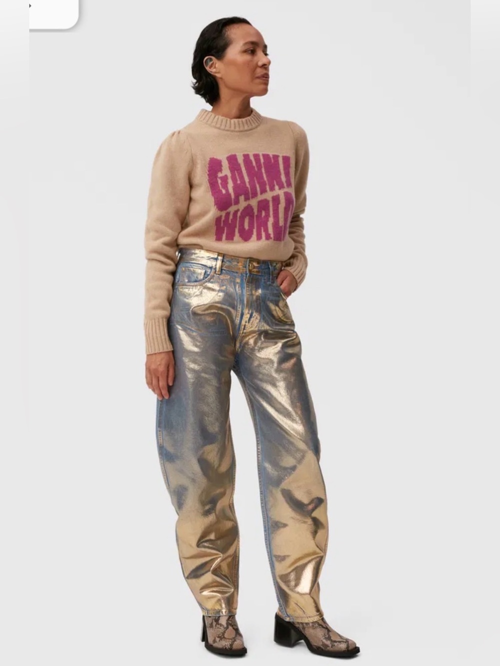 Ganni Gold Foiled Denim Stary High Waist Jeans M/Waist 29"